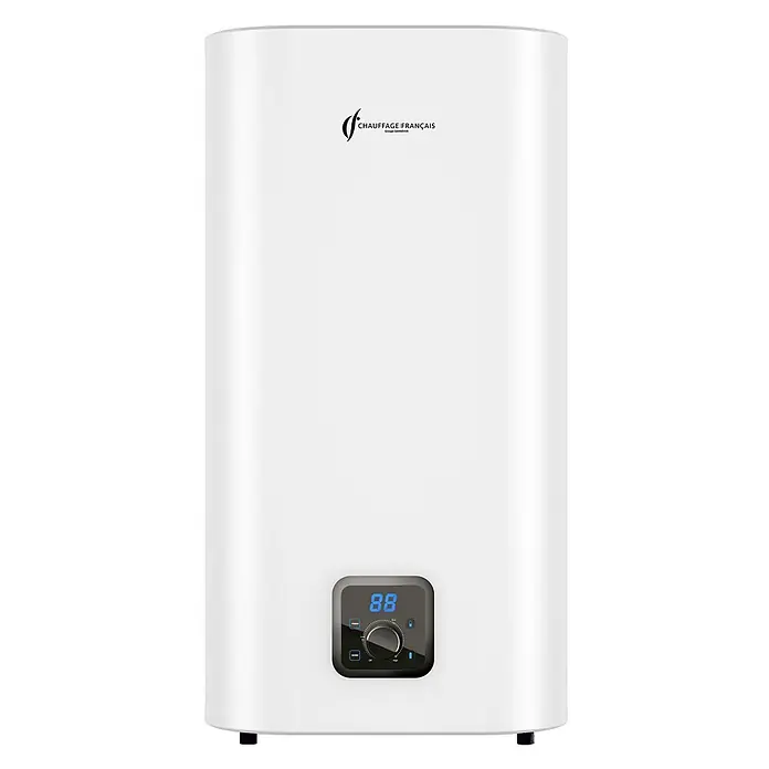 Sannover Warmwasserspeicher MultiPositionen Kimoro 100 L - 100 l, 2.000 W, Temperaturbereich: 40 °C - 80 °C, Wandmontage - Weißer rechteckiger Elektro-Warmwasserspeicher mit schwarzem Digitalbedienfeld und Display.