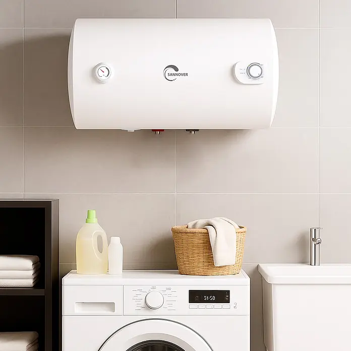 Sannover Warmwasserspeicher Horizontal Bypso 80 L - 80 l, 1.500 W, Temperaturbereich: 40 °C - 80 °C, Wandmontage - Weißer SANNOVER Warmwasserbereiter mit Anzeige und Bedienknopf, an einer Wand über einer Waschmaschine im Hauswirtschaftsraum montiert.