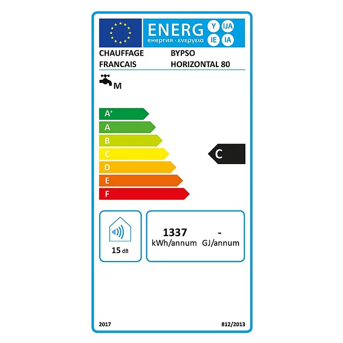 Sannover Warmwasserspeicher Horizontal Bypso 80 L - 80 l, 1.500 W, Temperaturbereich: 40 °C - 80 °C, Wandmontage - Energielabel für BYPSO HORIZONTAL 80 Warmwasserbereiter, Klasse C, 1337 kWh/Jahr, 15 dB.