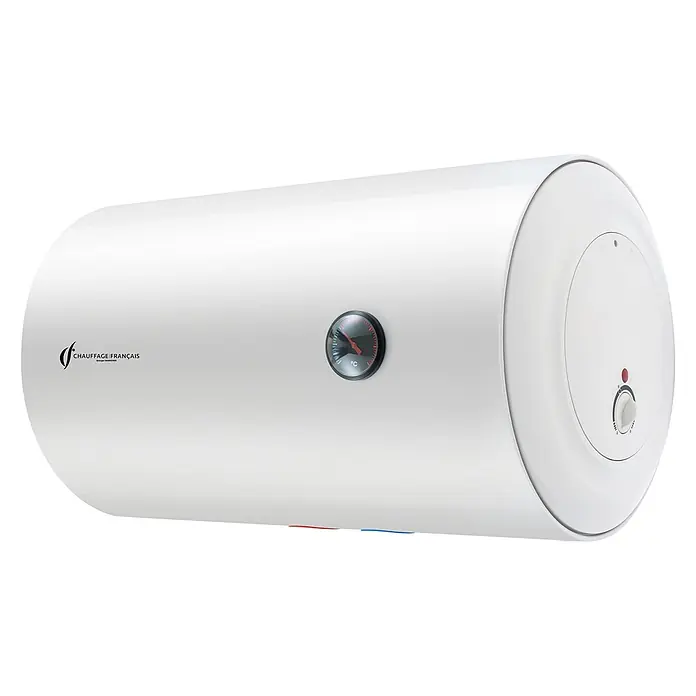 Sannover Warmwasserspeicher Horizontal Bypso 80 L - 80 l, 1.500 W, Temperaturbereich: 40 °C - 80 °C, Wandmontage - Weißer zylindrischer Warmwasserbereiter mit Thermometer und Drehregler.