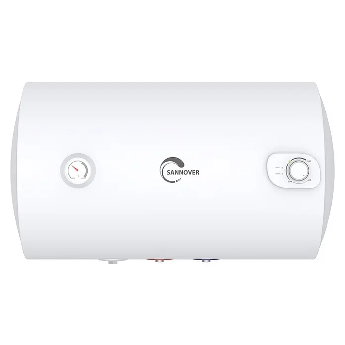 Sannover Warmwasserspeicher - 150 l, 1.500 W, Temperaturbereich: 40 °C - 80 °C, Wandmontage - Weißer horizontaler Warmwasserbereiter mit Temperaturanzeige und Drehregler für Einstellungen.