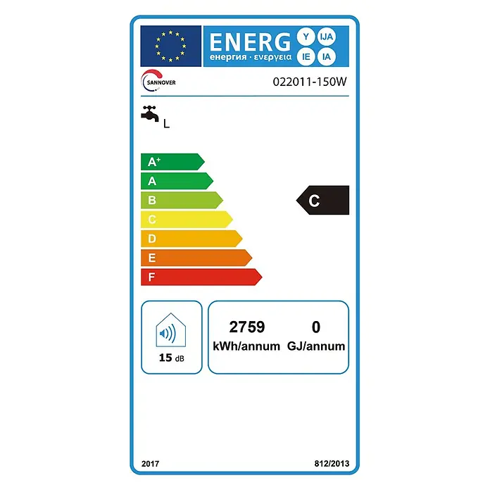 Sannover Warmwasserspeicher - 150 l, 1.500 W, Temperaturbereich: 40 °C - 80 °C, Wandmontage - Sannover EU-Energielabel: Klasse C, 15 dB, 2759 kWh/Jahr. Modell 022011-150W.