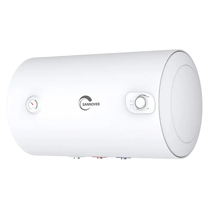 Sannover Warmwasserspeicher - 150 l, 1.500 W, Temperaturbereich: 40 °C - 80 °C, Wandmontage - Weißer zylindrischer Sannover Elektro-Warmwasserspeicher mit Temperaturanzeige, Drehknopf und Rohranschlüssen.