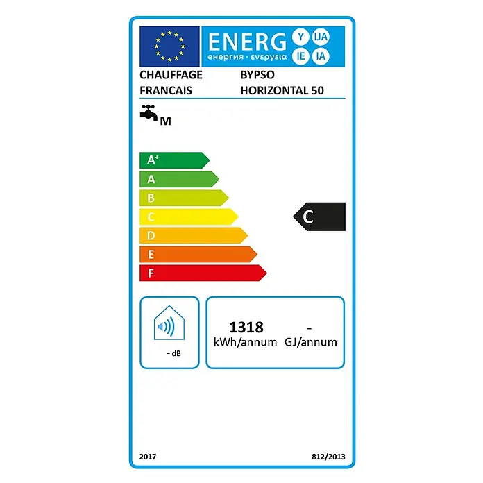 Sannover Warmwasserspeicher Horizontal Bypso 50 L - 50 l, 1.500 W, Temperaturbereich: 40 °C - 80 °C, Wandmontage - Energielabel für BYPSO HORIZONTAL 50 Warmwasserbereiter. Effizienzklasse C, Zapfprofil M. Jahresverbrauch 1318 kWh.