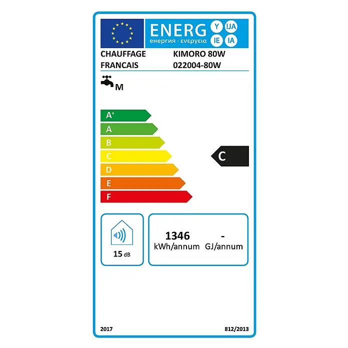 Sannover Warmwasserspeicher MultiPositionen Kimoro 80 L - 80 l, 2.000 W, Temperaturbereich: 40 °C - 80 °C, Wandmontage - Energielabel für ein Heizgerät, Klasse C, mit einem Jahresverbrauch von 1346 kWh und einem Geräuschpegel von 15 dB.