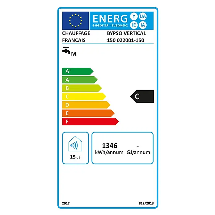 Sannover Warmwasserspeicher Bypso 150 L - 150 l, 1.500 W, Temperaturbereich: 40 °C - 80 °C, Wandmontage - EU-Energielabel für ein vertikales Warmwasserbereitungssystem (Bypso), Energieklasse C, 1346 kWh/Jahr, 15 dB.