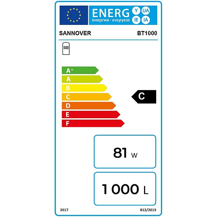Sannover Warmwasserspeicher - 1.000 l - EU-Energielabel für SANNOVER BT1000 Warmwasserspeicher, Klasse C, 81 W Leistung, 1000 L Kapazität.