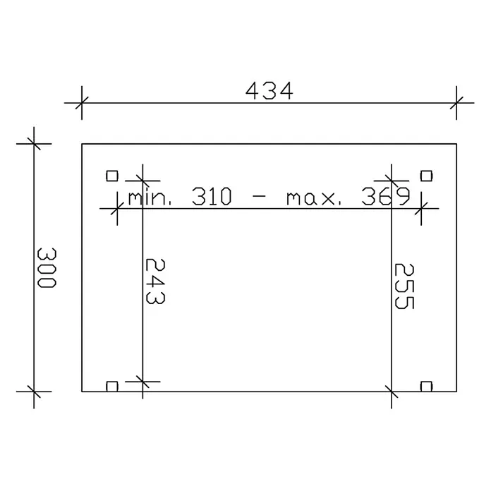 SKAN HOLZ Terrassenüberdachung Sanremo - B x T: 434 x 300 cm, Anthrazit, Polycarbonat, Transparent - Technische Zeichnung eines rechteckigen Bauteils mit Gesamtmaßen von 434x300 Einheiten, inklusive Befestigungspunkten und variabler Horizontalabstand.