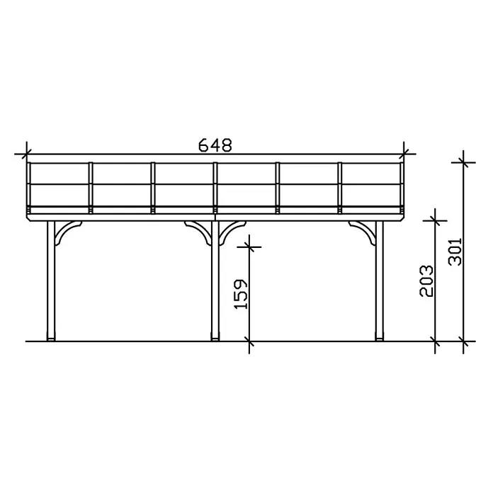 SKAN HOLZ Terrassenüberdachung Venezia - B x T: 648 x 339 cm, Anthrazit, Polycarbonat, Transparent - Technische Zeichnung einer erhöhten Plattform mit Geländer und Stützen, mit Länge 648 und verschiedenen Höhenmaßen.