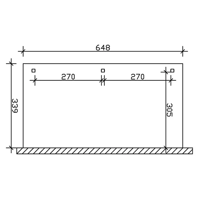 SKAN HOLZ Terrassenüberdachung Venezia - B x T: 648 x 339 cm, Anthrazit, Polycarbonat, Transparent - Technisches Zeichnung eines Rechteckrahmens mit Maßen: 648mm Breite, 339mm Höhe, 305mm Innenhöhe und 270mm Lochabstand.