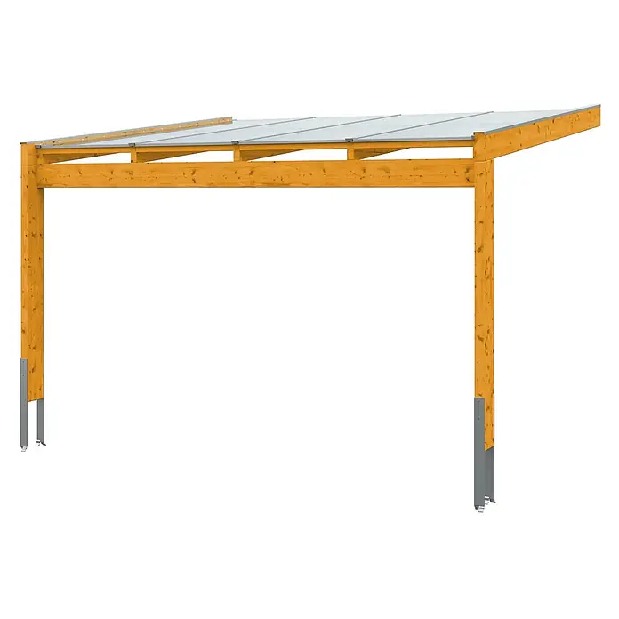 SKAN HOLZ Terrassenüberdachung Novara - B x T: 450 x 359 cm, Eiche hell, Polycarbonat, Transparent - Hölzerne Carport-Struktur mit transparentem Dach und zwei Stützpfosten, mit Metallfüßen.