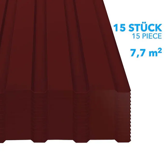 Floordirekt Terrassenüberdachung Trapezblech - 115 x 45 cm - 15er Set - Rot - Blech, Rot - Stapel von 15 dunkelroten Wellblechplatten, 7,7 m² Abdeckung.
