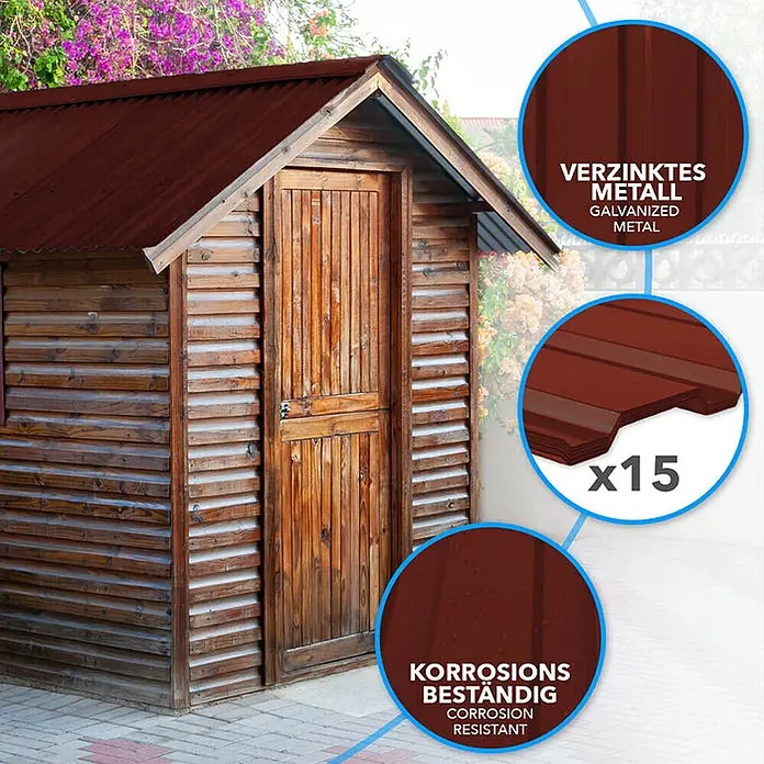 Floordirekt Terrassenüberdachung Trapezblech - 115 x 45 cm - 15er Set - Rot - Blech, Rot - 15 dunkelrote, korrosionsbeständige Wellblechdachplatten aus verzinktem Metall. Auf einem Holzschuppendach abgebildet.