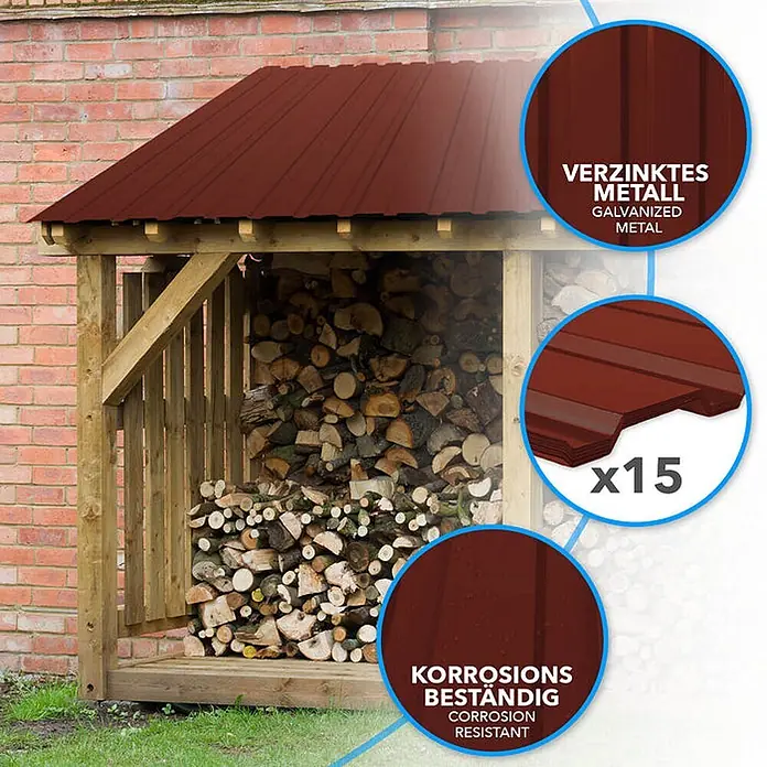 Floordirekt Terrassenüberdachung Trapezblech - 115 x 45 cm - 15er Set - Rot - Blech, Rot - Hölzerner Kaminholzunterstand mit dunkelrotem, gewelltem verzinktem Metalldach, gefüllt mit Brennholz.
