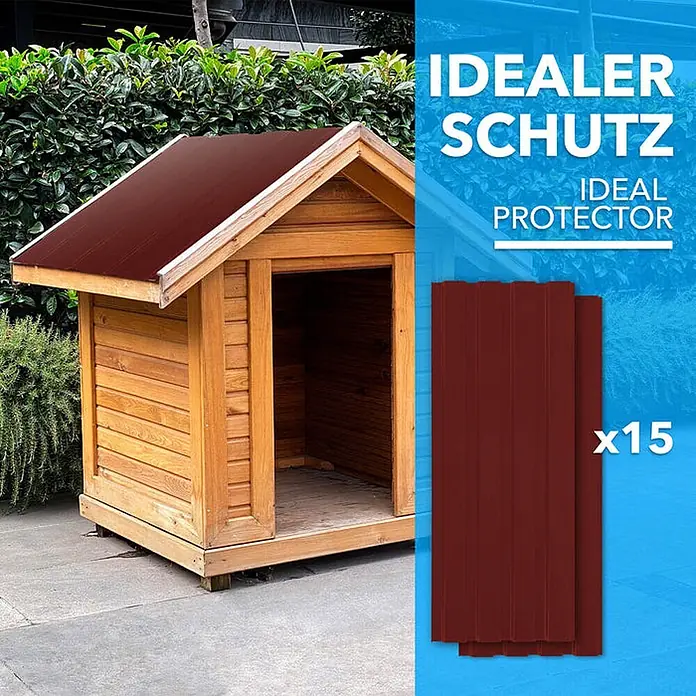 Floordirekt Terrassenüberdachung Trapezblech - 115 x 45 cm - 15er Set - Rot - Blech, Rot - Rote Wellblechplatten, 15 Stück, gestapelt und als Hundehüttendach für idealen Schutz gezeigt.