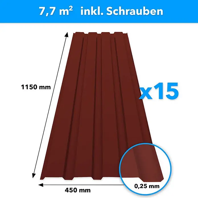 Floordirekt Terrassenüberdachung Trapezblech - 115 x 45 cm - 15er Set - Rot - Blech, Rot - 15 braune Wellblechplatten, je 1150x450x0,25mm.