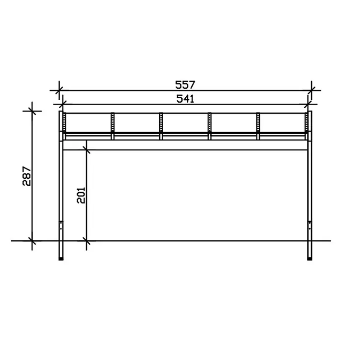 SKAN HOLZ Terrassenüberdachung Novara - B x T: 557 x 359 cm, Anthrazit, Polycarbonat, Transparent - Technische Zeichnung eines Rahmens oder einer Bank, Vorderansicht mit Gesamt- und Innenmaßen.