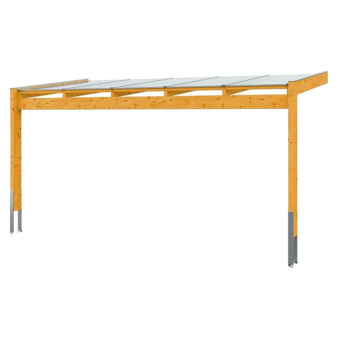 SKAN HOLZ Terrassenüberdachung Novara - B x T: 557 x 259 cm, Eiche hell, Polycarbonat, Transparent - Helle Holz-Carportstruktur mit transparentem Dach und Metallpfostenankern.