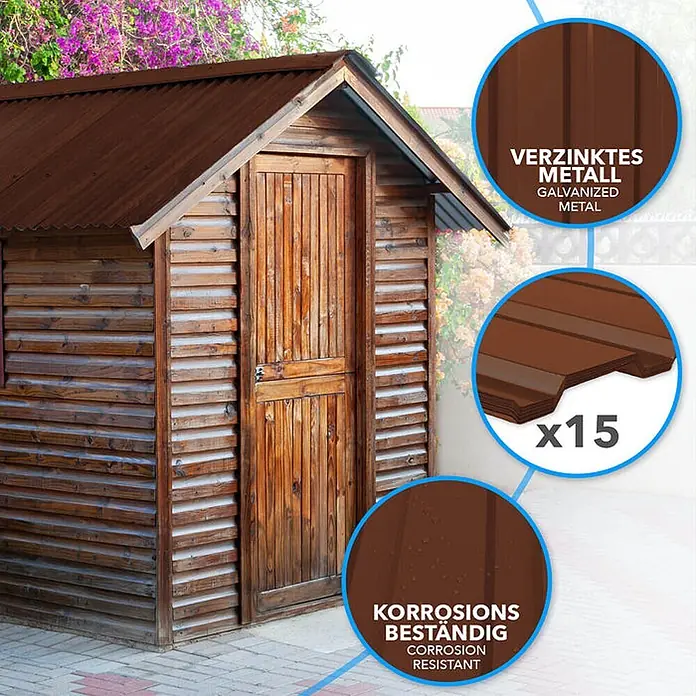 Floordirekt Terrassenüberdachung Trapezblech - 115 x 45 cm - 15er Set - Braun - Blech, Braun - Braune gewellte verzinkte Metalldachplatten, auf einem Schuppen montiert und korrosionsbeständig. Beinhaltet 15 Platten.