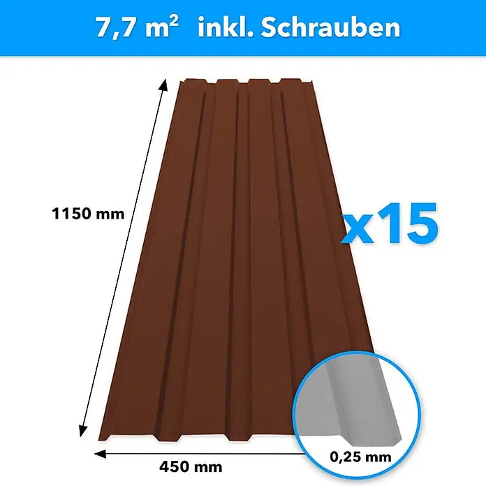Floordirekt Terrassenüberdachung Trapezblech - 115 x 45 cm - 15er Set - Braun - Blech, Braun - Braune Trapezbleche, 1150x450 mm, 0,25 mm stark, 15 Stück für 7,7 m², inkl. Schrauben.