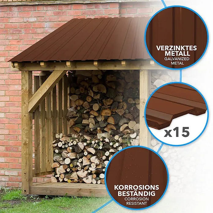 Floordirekt Terrassenüberdachung Trapezblech - 115 x 45 cm - 15er Set - Braun - Blech, Braun - Holzscheune mit braunem, verzinktem, korrosionsbeständigem Metalldach. Mit Holzscheiten gefüllt.
