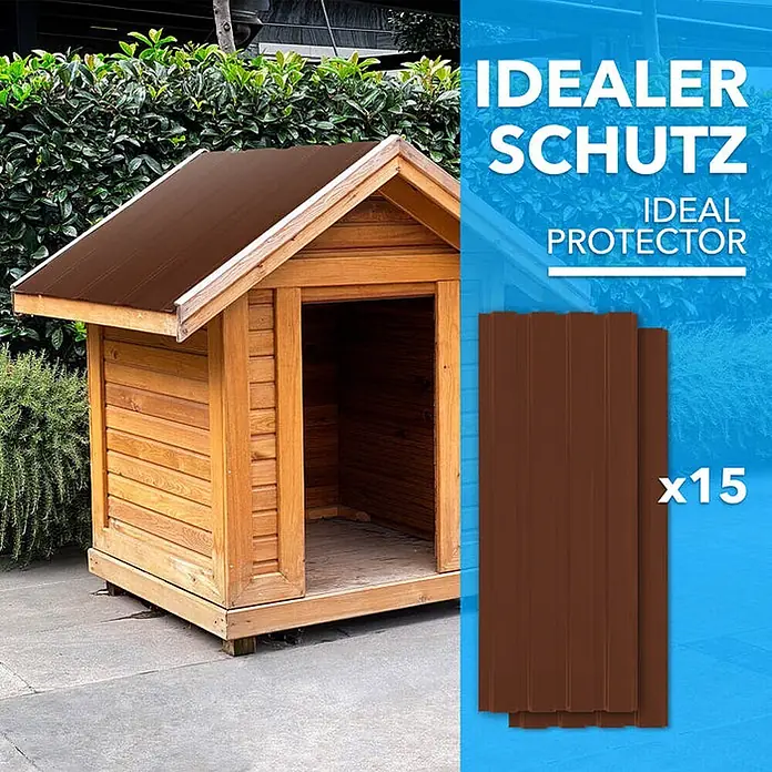Floordirekt Terrassenüberdachung Trapezblech - 115 x 45 cm - 15er Set - Braun - Blech, Braun - Braune Wellblechdachplatten auf einem Hundehüttendach, mit 15 zusätzlichen Platten.