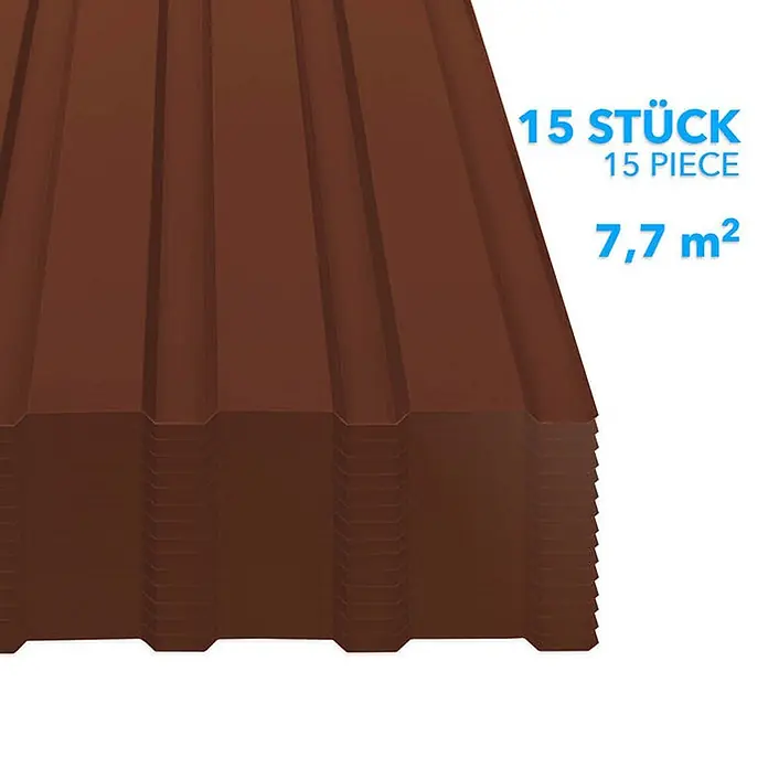 Floordirekt Terrassenüberdachung Trapezblech - 115 x 45 cm - 15er Set - Braun - Blech, Braun - Gestapelte braune Wellbleche.