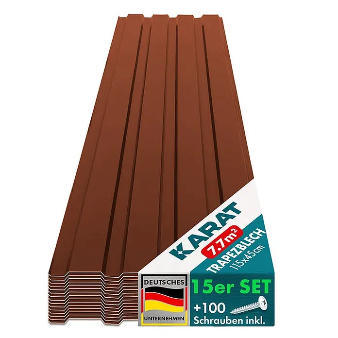 Floordirekt Terrassenüberdachung Trapezblech - 115 x 45 cm - 15er Set - Braun - Blech, Braun - Braune Trapezbleche (15er Set, 7,7 m², 115x45 cm) mit 100 Schrauben.