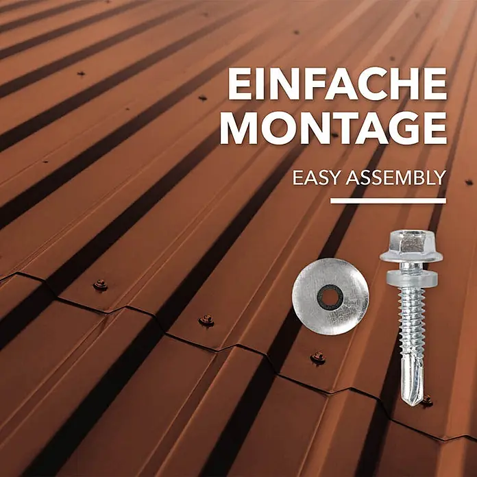 Floordirekt Terrassenüberdachung Trapezblech - 115 x 45 cm - 15er Set - Braun - Blech, Braun - Sechskant-Dachbauschraube und Unterlegscheibe auf braunem Wellblechdach, Betonung der einfachen Montage.
