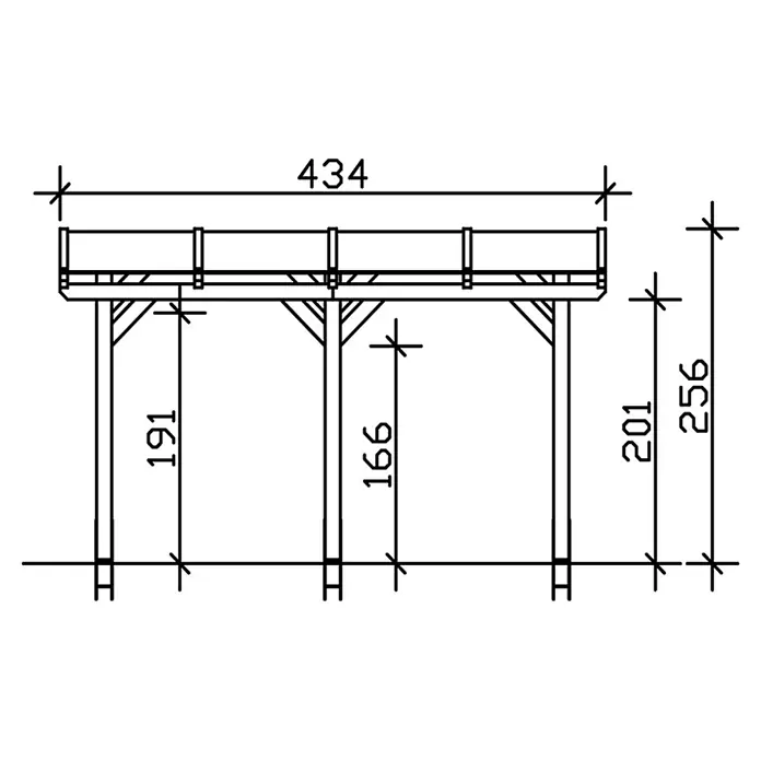 SKAN HOLZ Terrassenüberdachung Siena - B x T: 434 x 250 cm, Anthrazit, Polycarbonat, Transparent - Technisches Zeichnung einer erhöhten Holzkonstruktion, mit Maßangaben für Höhe und Länge.