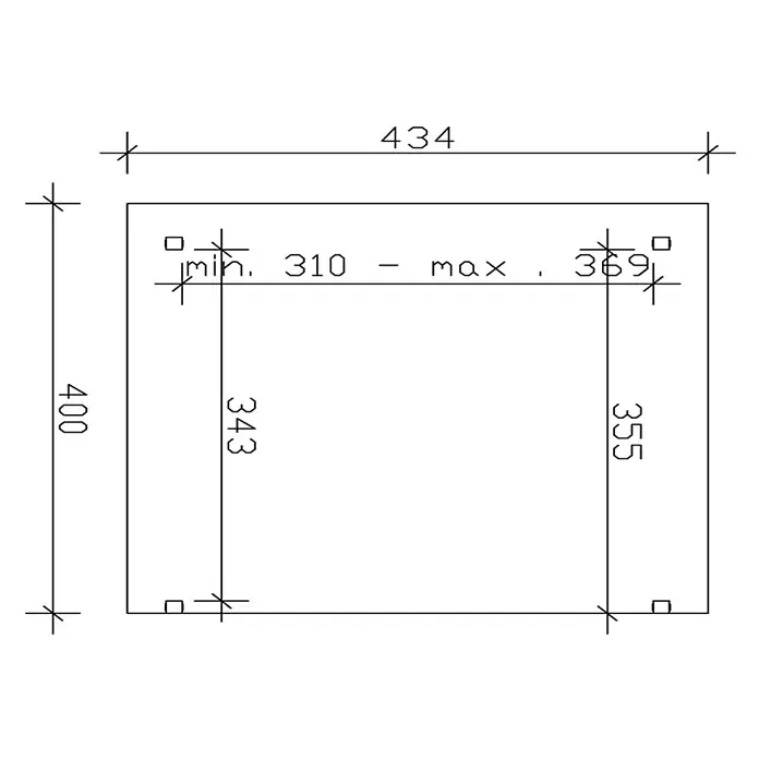 Terrassenüberdachung Sanremo 434 x 400 cm, Leimholz, anthrazit -  - Technische Zeichnung mit Maßen für ein rechteckiges Bauteil, einschließlich Gesamtgröße und innerer Befestigungspunkte.