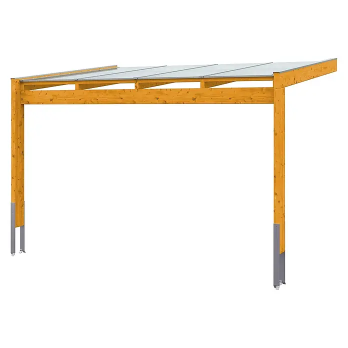 SKAN HOLZ Terrassenüberdachung Novara - B x T: 450 x 309 cm, Eiche hell, Polycarbonat, Transparent - Hölzernes Carport-Gestell mit lichtdurchlässigen Dachpaneelen und Metallpfostenankern.