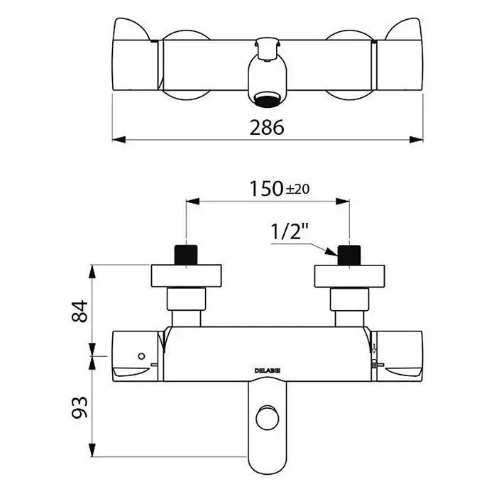 Delabie UP-Badewannenthermostat Delabie Wannen-Therm. SECURITHERM Securitouch, Standard-Anschlüsse -  - Technische Zeichnung einer Wand-Duscharmatur mit Abmessungen. Verfügt über zwei Eingänge und einen zentralen Ausgang.
