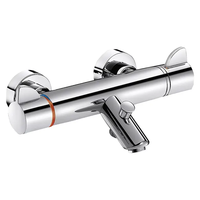 Delabie UP-Badewannenthermostat Delabie Wannen-Therm. SECURITHERM Securitouch, Standard-Anschlüsse -  - Polierter Chrom-Thermostat-Duschmischer mit zwei Bediengriffen und integriertem Auslauf.