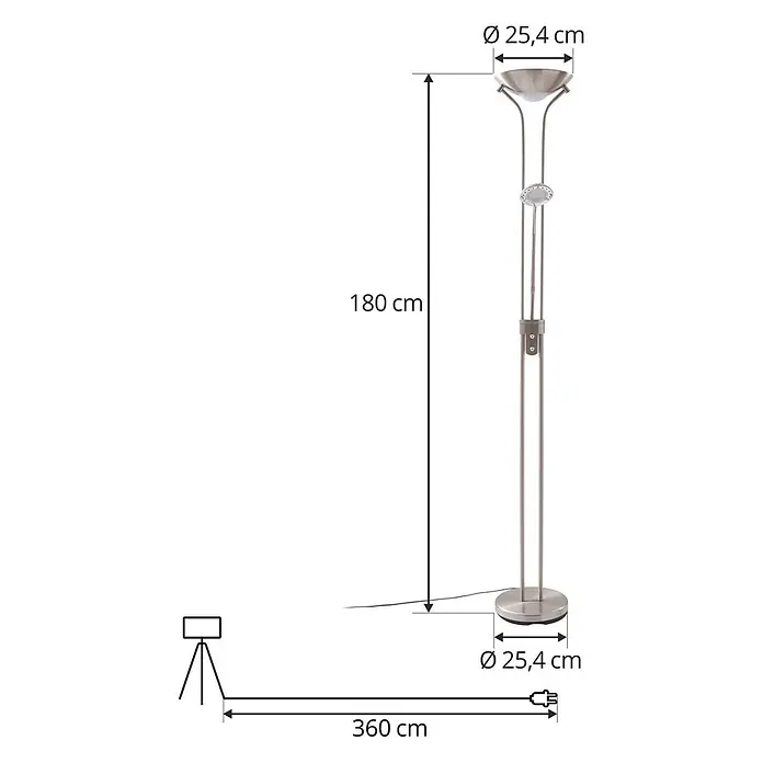 Lindby LED-Deckenfluter Josefin - alu / grau / zink, alu / grau / zink, Warmweiß - Gebürstete Metall-Stehleuchte, 180 cm hoch, mit Deckenfluter und Leselampe. Basis & oben Ø 25,4 cm, 360 cm Kabel.