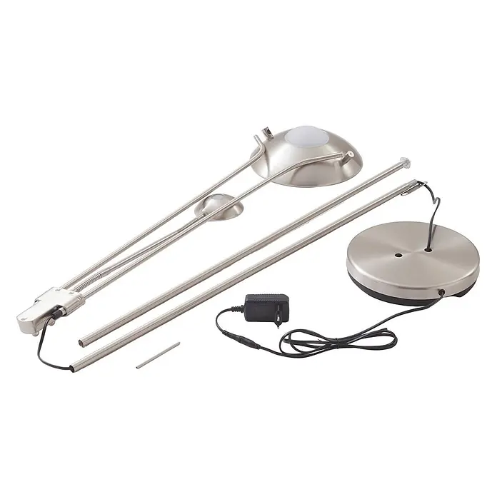 Lindby LED-Deckenfluter Josefin - alu / grau / zink, alu / grau / zink, Warmweiß - Demontiertes Standlampen-Set aus gebürstetem Metall mit verstellbarem Arm, Leuchtenkopf, Fuß und Netzteil.