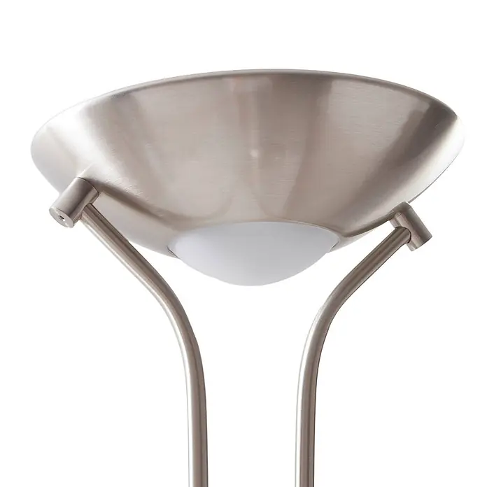 Lindby LED-Deckenfluter Josefin - alu / grau / zink, alu / grau / zink, Warmweiß - Oberer Teil einer Lampe aus gebürstetem Metall mit schalenförmigem Schirm, weißem Diffusor und gebogenen Armen.