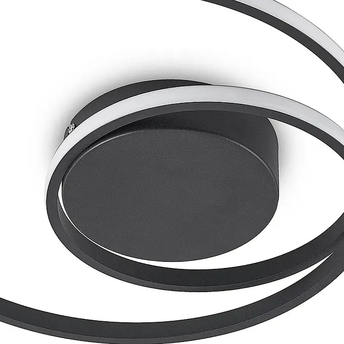 Lindby Deckenleuchte Youna - schwarz - Moderne schwarze spiralförmige LED-Deckenleuchte mit weißen Lichtbändern auf rundem Sockel.