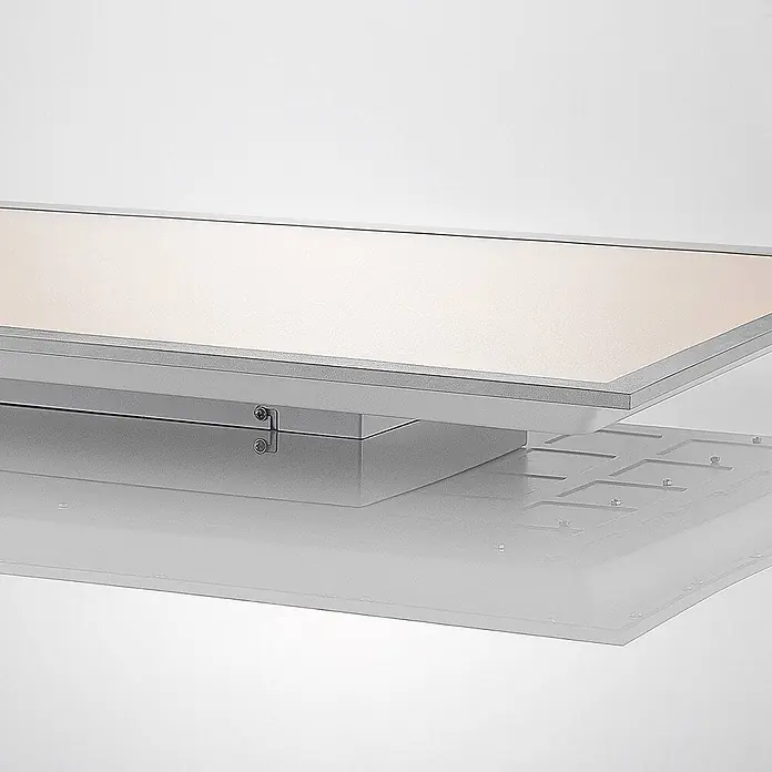 Lindby LED-Panel Stenley - L x B x H: 119,6 x 59,6 x 7,3 cm, weiß / opal - Rechteckiges Lichtpanel mit heller Oberfläche und silbernem Rahmen, über Scharniere mit einer Basis verbunden, ruht auf einer mattierten Platte.