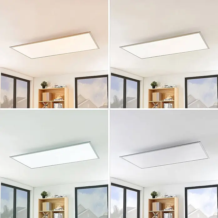 Lindby LED-Panel Stenley - L x B x H: 119,6 x 59,6 x 7,3 cm, weiß / opal - Rechteckige LED-Deckenleuchte mit silbernem Rahmen, zeigt einstellbares warmes bis kaltweißes Licht im Raum.