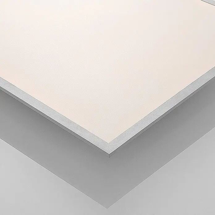 Lindby LED-Panel Stenley - L x B x H: 119,6 x 59,6 x 7,3 cm, weiß / opal - Quadratische Lichtplatte mit hellbeiger Oberfläche und silbergrauem Rahmen.