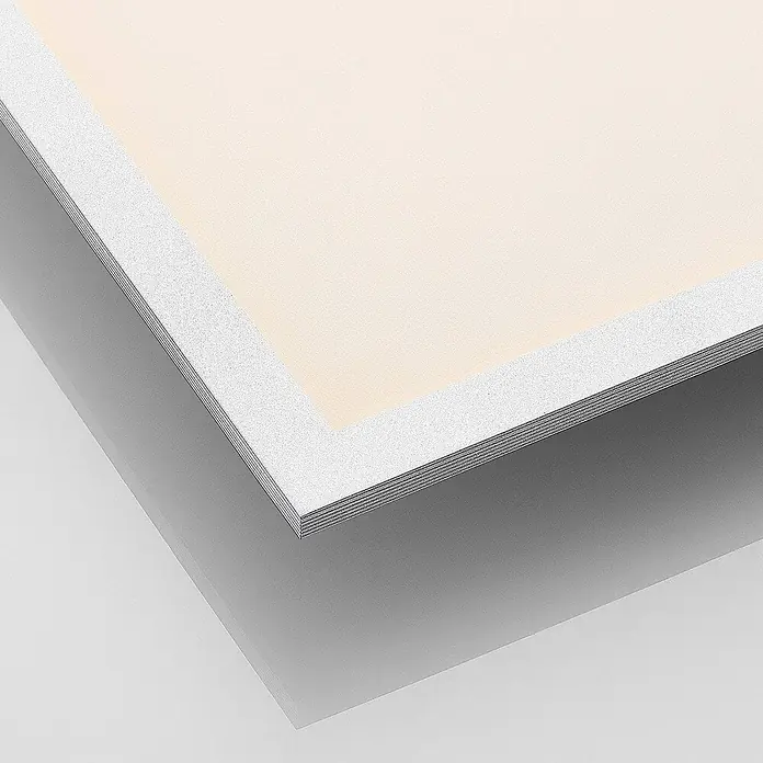 Lindby LED-Panel Zento - L x B x H: 120 x 60 x 5,2 cm, alu / grau / zink, Neutralweiß - Ecke einer mehrschichtigen Platte mit texturierter hellbeiger Oberfläche und sichtbaren dunklen Innenschichten.