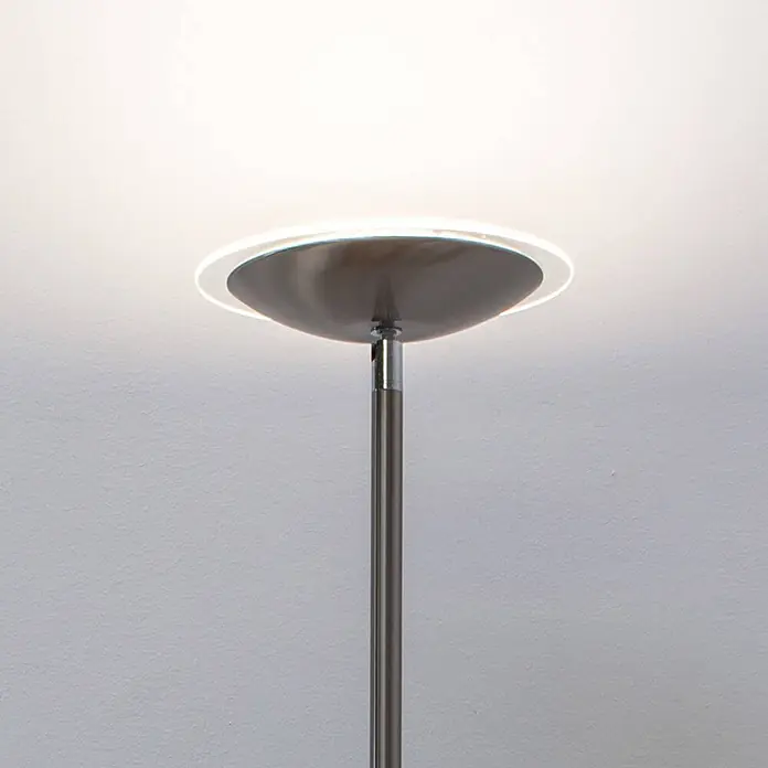 Lindby LED-Deckenfluter Malea - Höhe: 180 cm, alu / grau / zink, alu / grau / zink, Warmweiß - Moderne metallische Uplighter-Stehleuchte mit dunklem, schalenförmigem Kopf, der Licht durch einen klaren Ring nach oben abstrahlt.