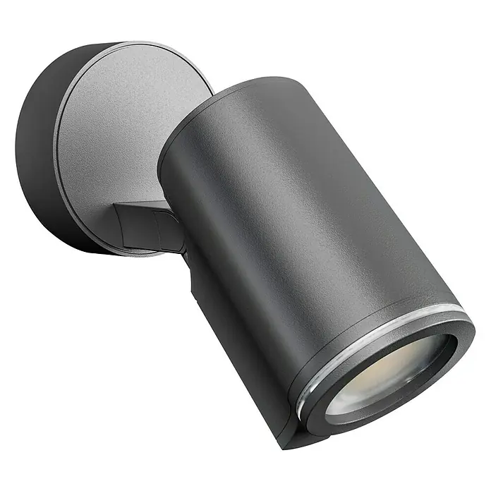 Steinel LED-Außenstrahler Spot One anthrazit - 6,7 W, L x B x H: 9,8 x 9,7 x 17,5 cm, Anthrazit, IP44 - Nahaufnahme einer modernen, grauen Außenwandleuchte, die ein helles Licht ausstrahlt und eine elegante Beleuchtungslösung darstellt.
