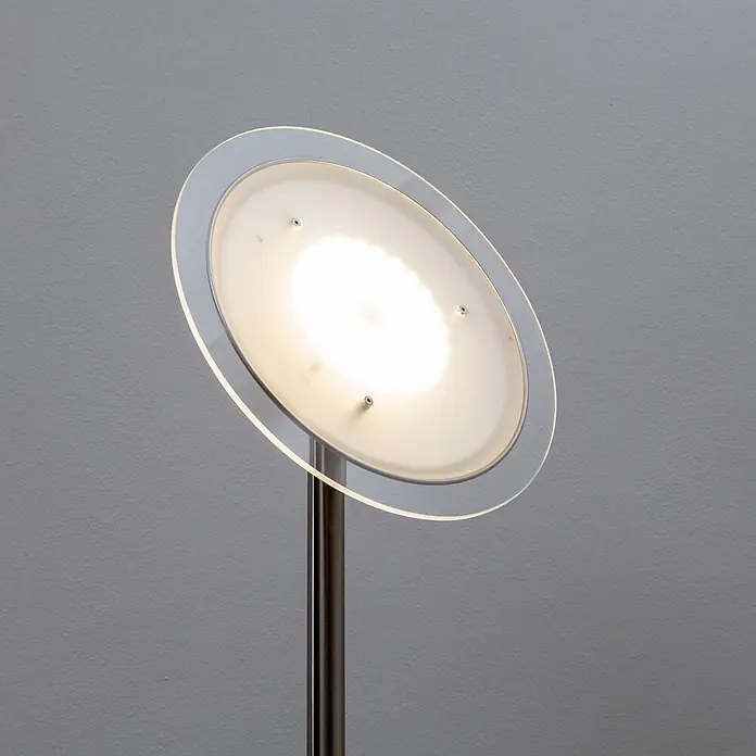 Lindby LED-Deckenfluter Malea - Höhe: 180 cm, alu / grau / zink, alu / grau / zink, Warmweiß - Moderne Stehleuchte mit beleuchtetem, rundem Diffusor aus Milchglas und klarem Acrylring auf Metallständer.