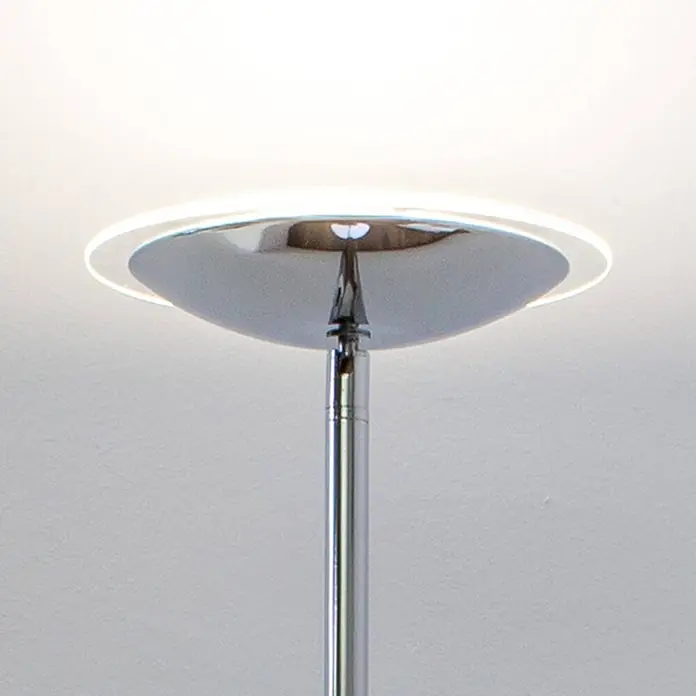 Lindby LED-Deckenfluter Malea - Höhe: 180 cm, chrom / silber, chrom / silber, Warmweiß - Moderne Stehlampe aus Chrom mit nach oben gerichteter, beleuchteter Scheibe, die helles Licht abgibt.