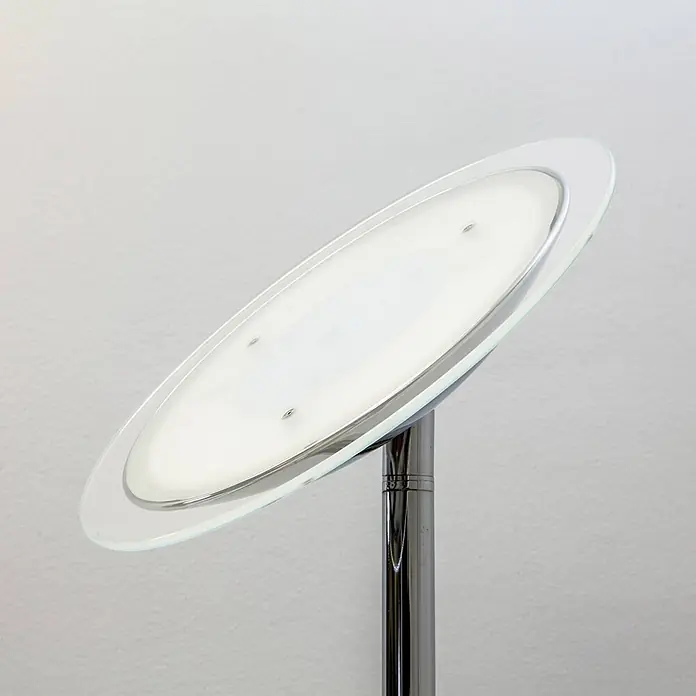 Lindby LED-Deckenfluter Malea - Höhe: 180 cm, chrom / silber, chrom / silber, Warmweiß - Moderner Lampenkopf mit ovalem Milchglas-Diffusor und klarem Glasring auf Chromständer.