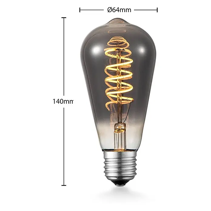Lucande LED-Lampe E27 4W LED-Lampe St64 - E27, Nicht Dimmbar, Warmweiß, 60 lm, 4 W - Rauchgraue Vintage LED-Glühbirne mit spiralförmigem Filament und E27-Schraubsockel, 140mm hoch und 64mm Durchmesser.