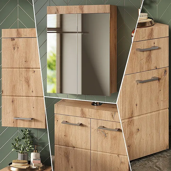 Vicco Badmöbel-Set Luna Eiche Wotan 4 Teile, mit Hängeschrank - Gesamtbreite Badmöbel: 97 cm, Eiche Wotan, Matt - Modernes Badmöbel-Set in heller Holzoptik. Es umfasst einen Spiegelschrank, einen Hochschrank und einen Waschtischunterschrank mit grauen Griffen.