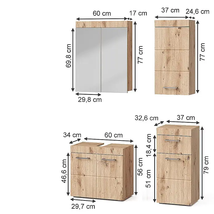 Vicco Badmöbel-Set Luna Eiche Wotan 4 Teile, mit Hängeschrank - Gesamtbreite Badmöbel: 97 cm, Eiche Wotan, Matt - Badezimmermöbel-Set aus hellem Holz: Spiegelschrank, Hochschrank, Waschtischunterschrank und Kommode mit Griffen.